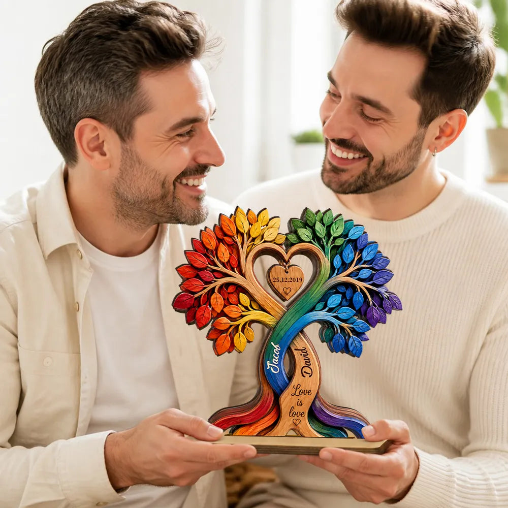 Personalized 2-Layer Wooden Plaque, Rainbow Tree of Love, Unique Gift for LGBT Couple