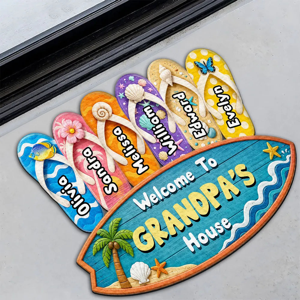 Shaped Doormat, Personalized Flip Flop Family Poolside Welcome, Unique Gift for Grandma & Grandpa
