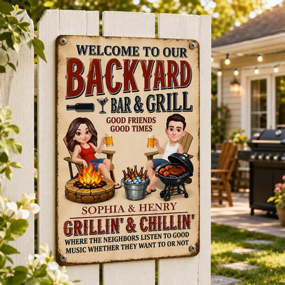 Personalized Backyard Bar & Grill Iron Sign, Sitting Couple in Sunlit Yard, Unique Gift for Couple