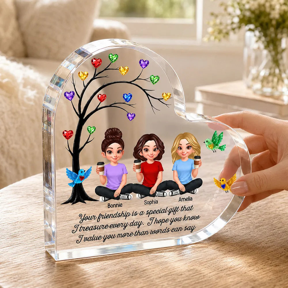 Personalized Heart Acrylic Block Plaque, Colorful Friendship Tree, Unique Gift for Sister & Friend