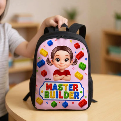 Personalized Kids School Backpack With Smiling Cartoon Child & Colorful Block Art, Creative Gift for Boys & Girls