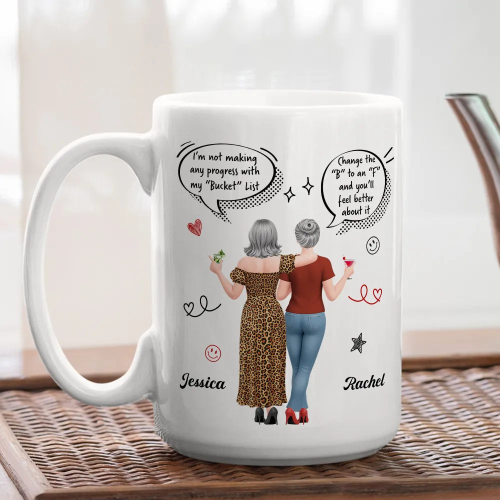 Personalized Ceramic Mug, Funny Bucket List Wordplay, Arm In Arm Friends, Unique Gift For Best Friend