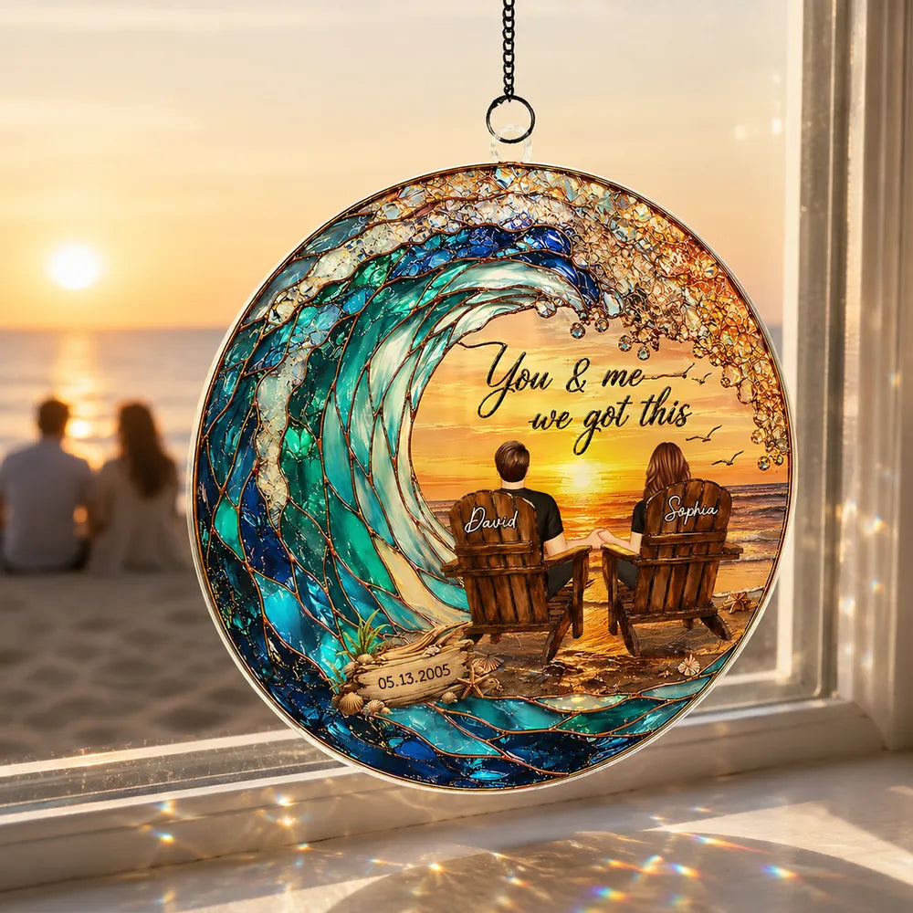 Custom Acrylic Suncatcher Ornament with You & Me Beach Art, Creative Gift for a Couple, Warm Window Glow