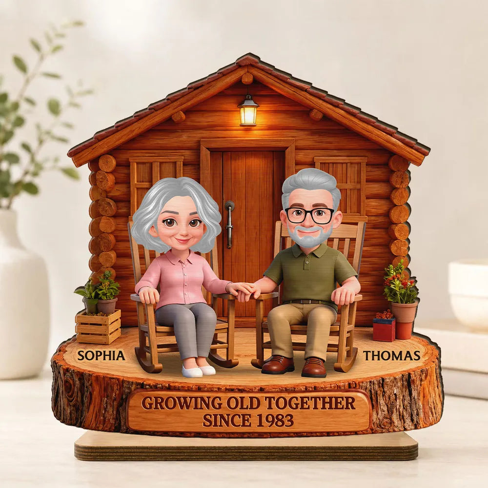Growing Old Together 2-Layer Wooden Plaque, Couple Holding Hands at Cabin, Creative Anniversary Gift