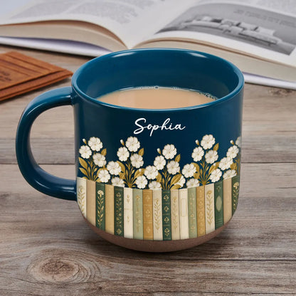 Personalized Pottery Mug, Floral Library Design for Book Lover, Unique Creative Gift for Morning Coffee