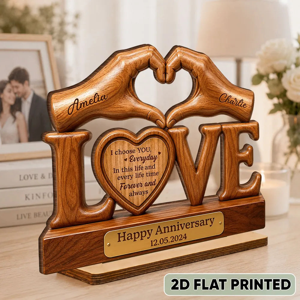 Personalized 2-Layer Wooden Plaque for Couple, Heart Hands Anniversary Unique Creative Gift
