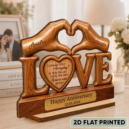Personalized 2-Layer Wooden Plaque for Couple, Heart Hands Anniversary Unique Creative Gift