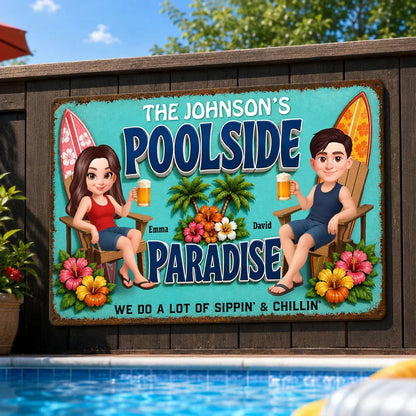 Rectangular Iron Sign, Custom Poolside Paradise With Lounging Couple, Unique Gift For Pool Lovers