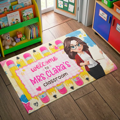 Personalized Standard Doormat With Pastel Pencils & Cartoon Teacher, Creative Gift For Classroom Entry