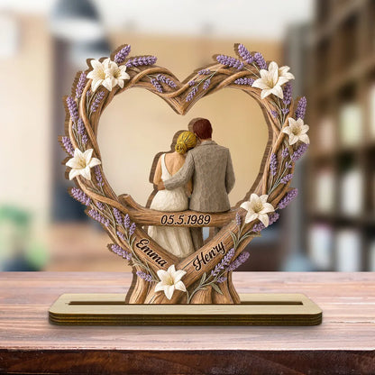 Personalized 2-Layer Wooden Plaque, Floral Heart Sitting Couple, Unique Creative Gift for Couples