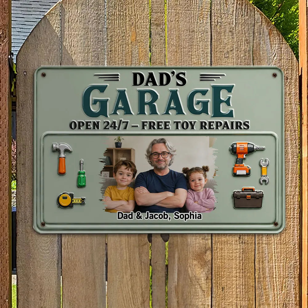 Personalized Rectangular Iron Sign, Arms-Crossed Dad & Kids Garage Photo, Creative Gift for Dad
