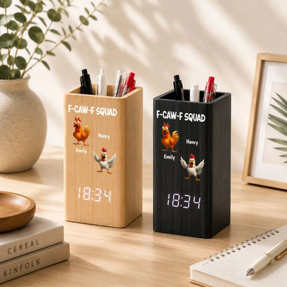 Wooden Pen Holder Clock, Personalized Cartoon Chicken Desk Organizer, Unique Coworker Gift