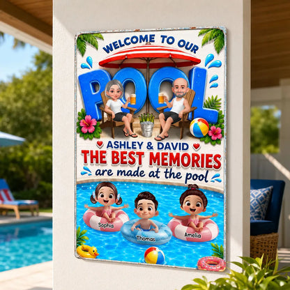 Personalized Rectangular Iron Sign, Cartoon Grandparents & Grandkids Pool Decor, Unique Gift