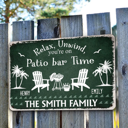 Personalized Rectangular Iron Sign for Patio Time, Navy Backyard Decor, Unique Gift for Family