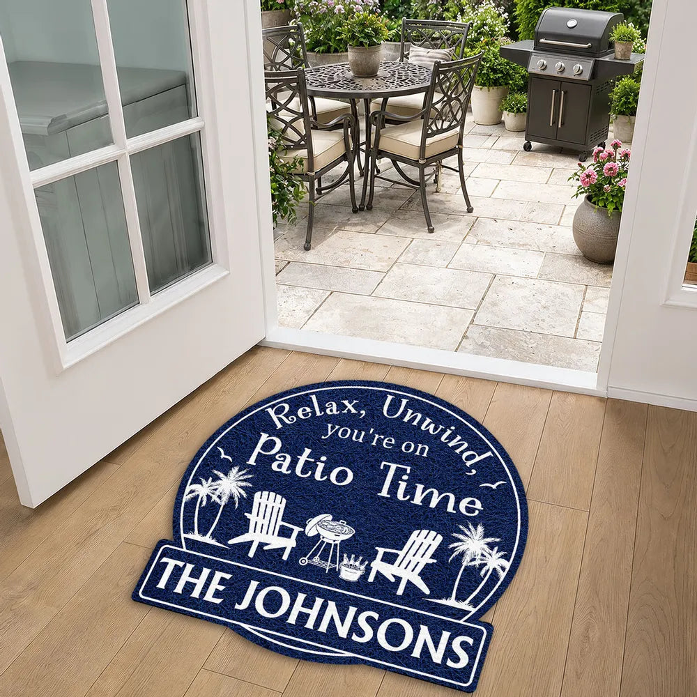 Personalized Shaped Doormat, Patio Time Design With Chairs & Palms, Unique Gift for Family