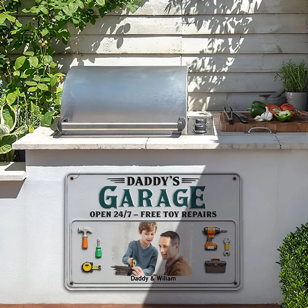 Personalized Rectangular Iron Sign, Arms-Crossed Dad & Kids Garage Photo, Creative Gift for Dad