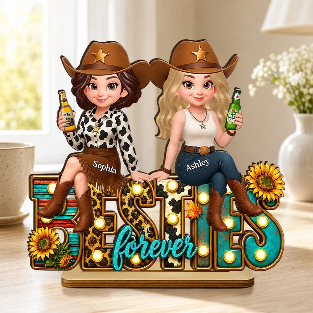 Personalized 2-Layer Wooden Plaque, Cowgirl Friends Holding Hands, Unique Gift for Close Friend
