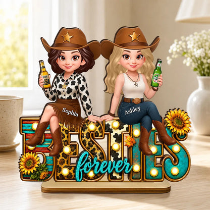 Personalized 2-Layer Wooden Plaque, Cowgirl Friends Holding Hands, Unique Gift for Close Friend