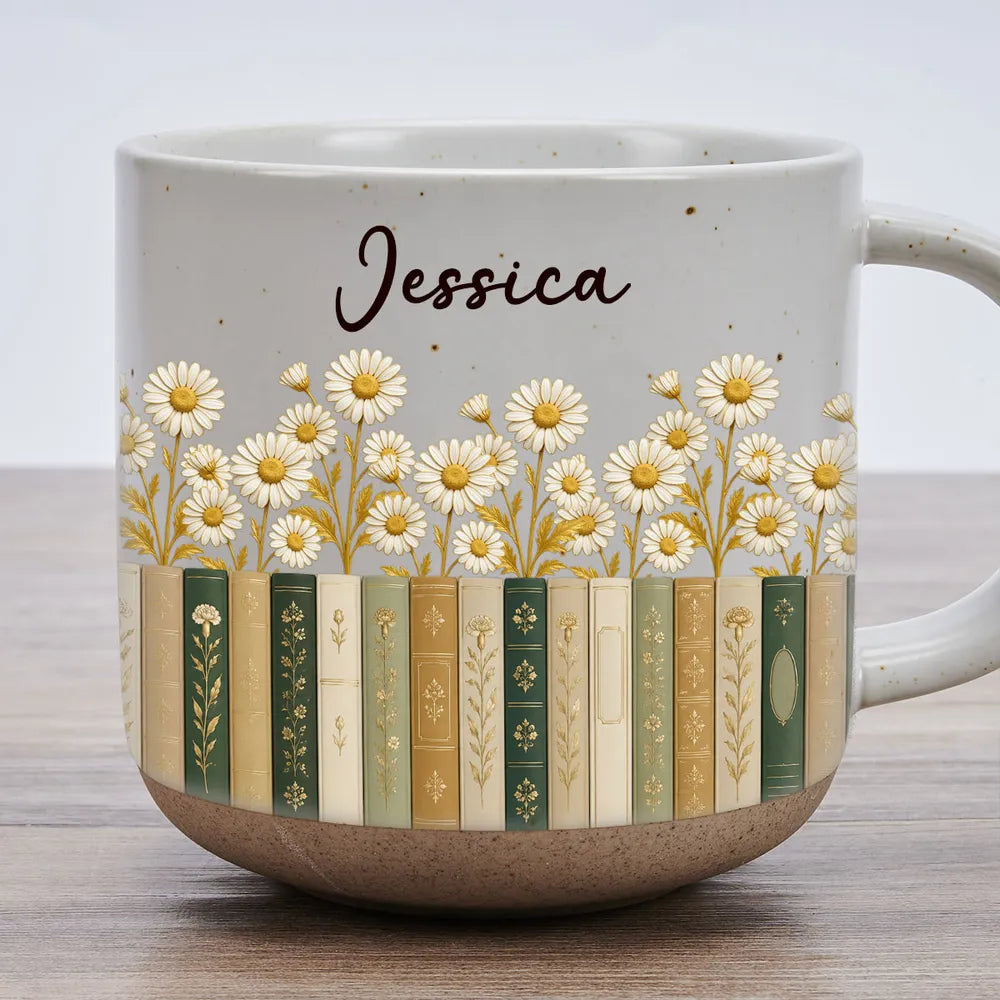 Personalized Pottery Mug, Floral Library Design for Book Lover, Unique Creative Gift for Morning Coffee