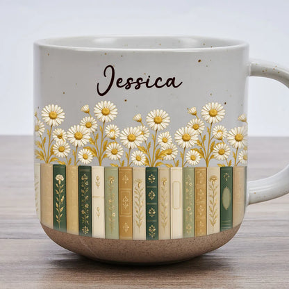 Personalized Pottery Mug, Floral Library Design for Book Lover, Unique Creative Gift for Morning Coffee