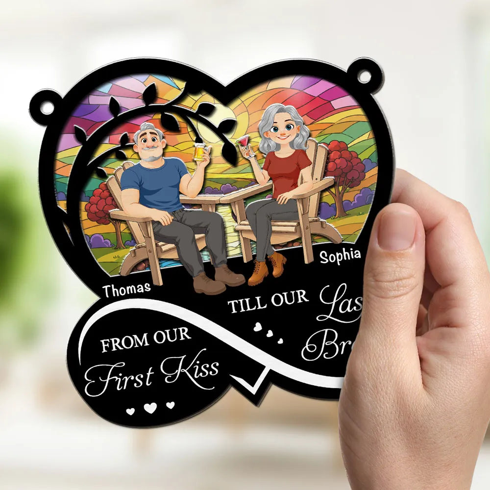 Personalized Wood & Acrylic Layered Ornament, Seated Couple Sunset Scene, Unique Gift for Couple
