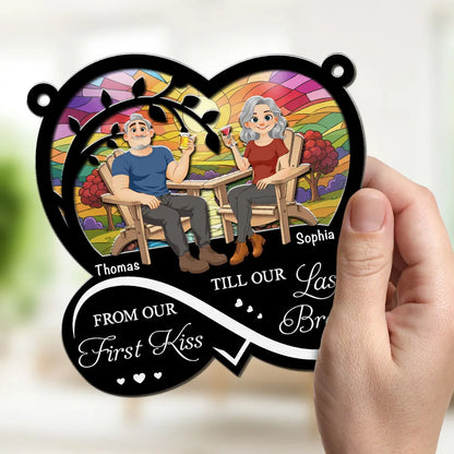 Personalized Wood & Acrylic Layered Ornament, Seated Couple Sunset Scene, Unique Gift for Couple