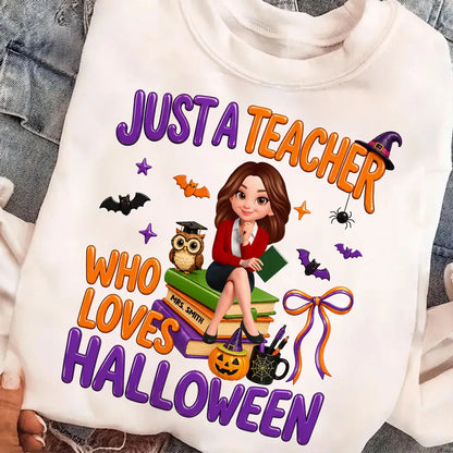 Personalized Classic Tee, Cartoon Teacher Sitting on Books, Unique Creative Halloween Gift for Teachers