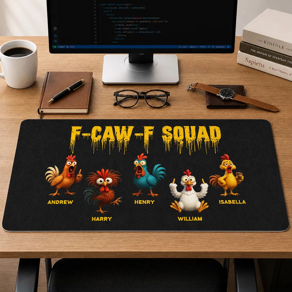 Custom Leather Desk Mat, Cute Cartoon Roosters For A Unique Office Gift & Desk Setup