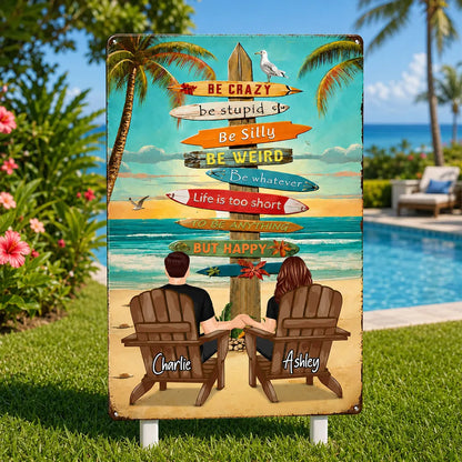 Personalized Rectangular Iron Sign With Holding Hands Beach Couple, Unique Gift for Summer Decor