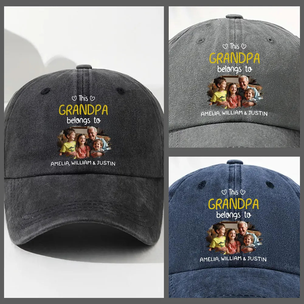 Personalized Washed Denim Baseball Cap with Grandpa Photo, Unique Gift for Grandpa, Vintage Casual Style