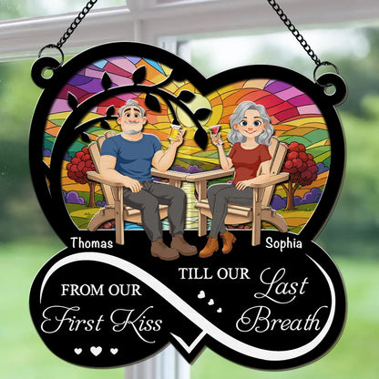 Personalized Wood & Acrylic Layered Ornament, Seated Couple Sunset Scene, Unique Gift for Couple