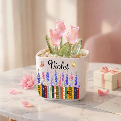 Personalized Square Glass Planter with Purple Tulips & Book Garden, Unique Creative Gift for Book Lover