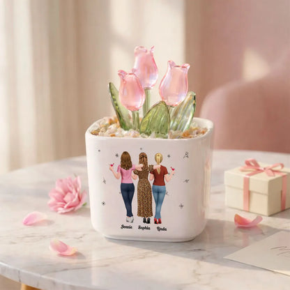 Square Glass Planter, Personalized Pink and Purple Tulips with Arm in Arm Friends, Unique Gift for Best Friend
