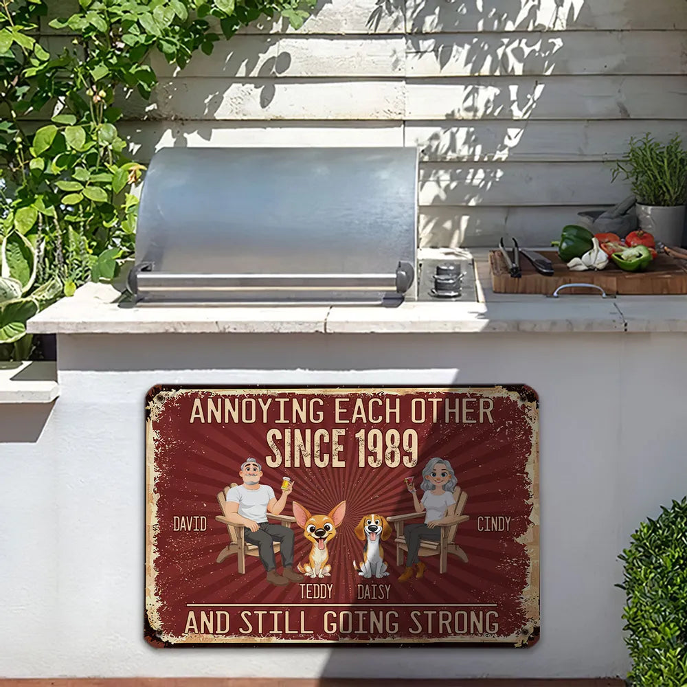 Personalized Rectangular Iron Sign, Seated Couple With Dogs, Vintage Red Unique Creative Gift