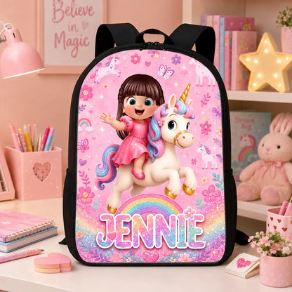 Personalized Kids School Backpack, Girl Riding Unicorn Design, Unique Creative Gift for Girls