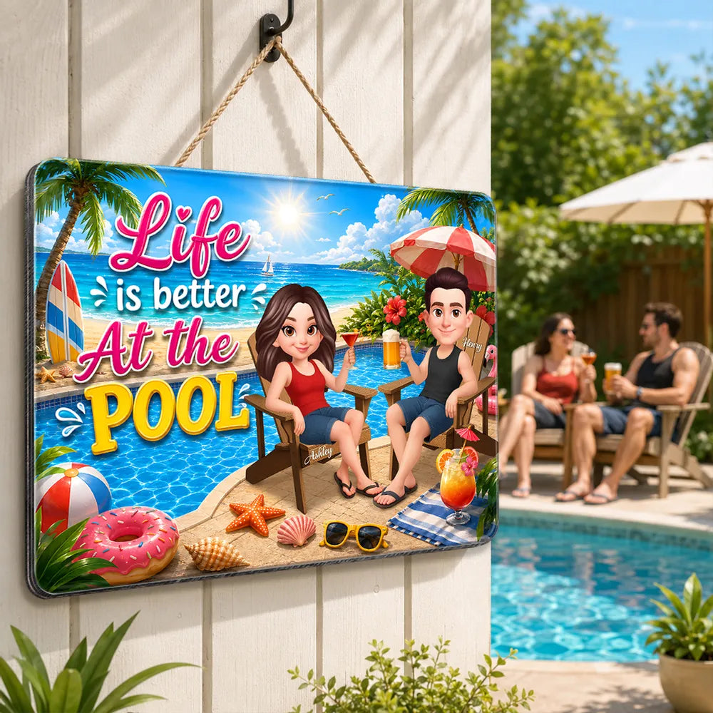 Personalized Wooden Sign, Poolside Couple Raising Drinks, Unique Summer Gift
