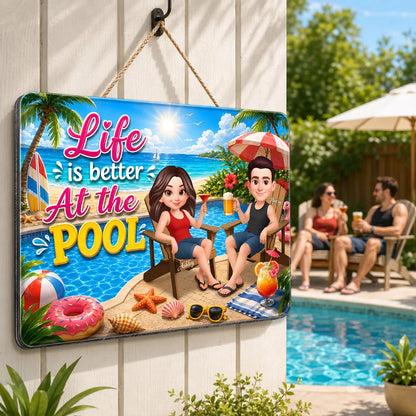 Personalized Wooden Sign, Poolside Couple Raising Drinks, Unique Summer Gift