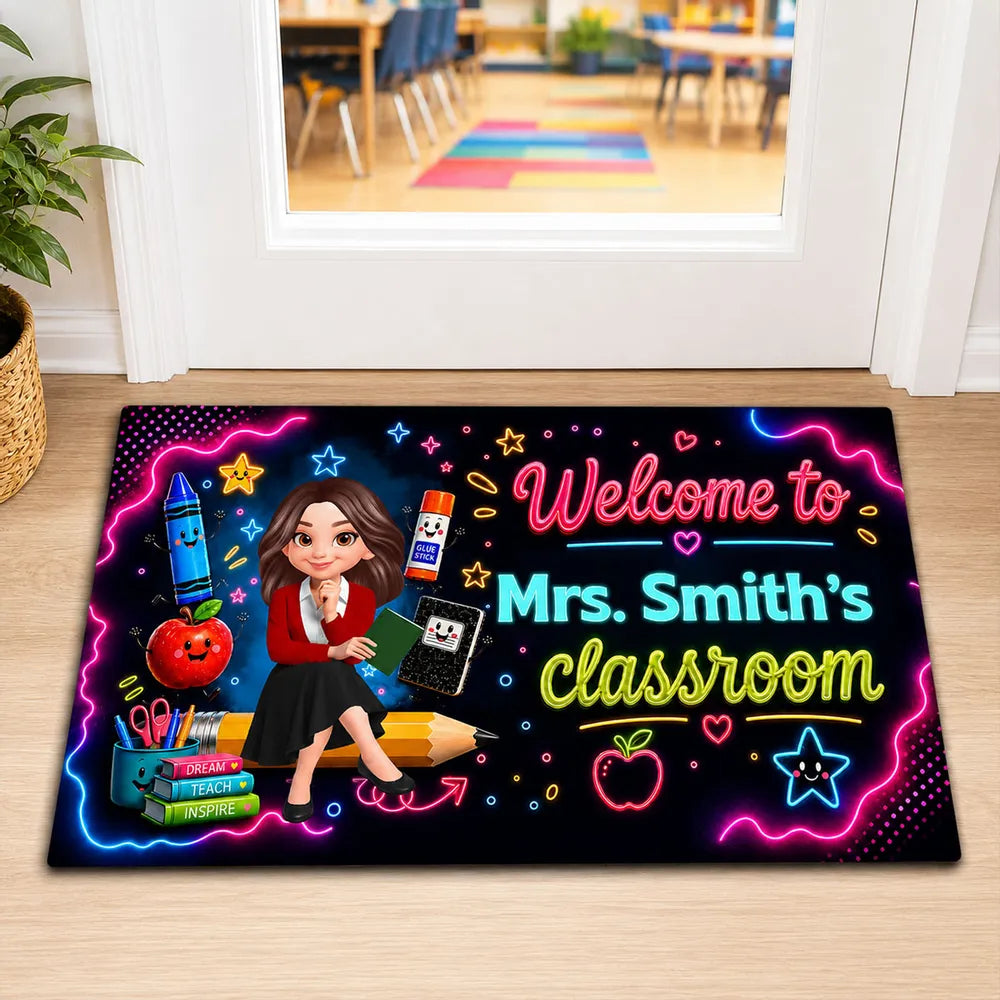 Neon Classroom Standard Doormat, Personalized Teacher Welcome, Unique Creative Gift for Back to School