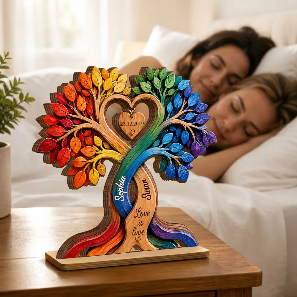 Personalized 2-Layer Wooden Plaque, Rainbow Tree of Love, Unique Gift for LGBT Couple