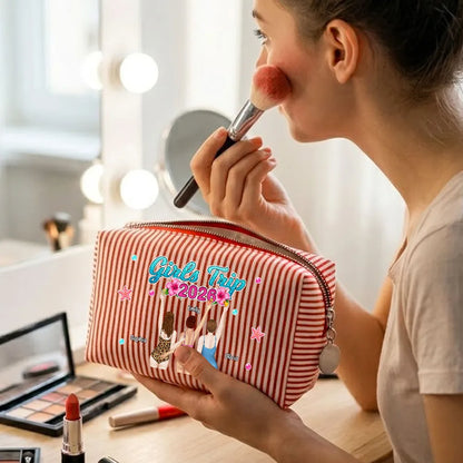 Personalized Striped Makeup Bag, Girls Trip Beach Illustration, Unique Gift for Friends