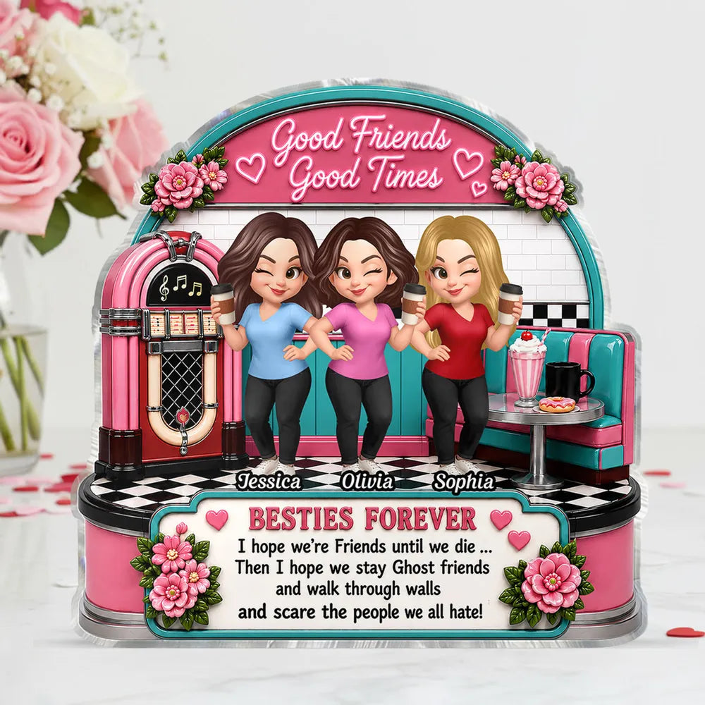 Personalized Shaped Acrylic Block Plaque, Winking Friends in Retro Diner, Unique Gift for Close Friend