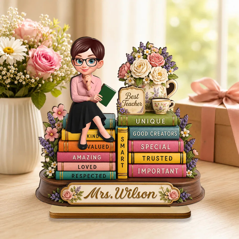 Personalized 2-Layer Wooden Plaque, Floral Teacher Books Desk Decor, Unique Gift for Teacher