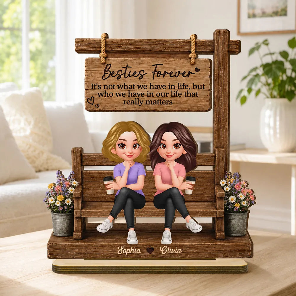 Personalized Besties Forever 2-Layer Wooden Plaque, Seated Friends With Coffee, Unique Gift for Best Friend
