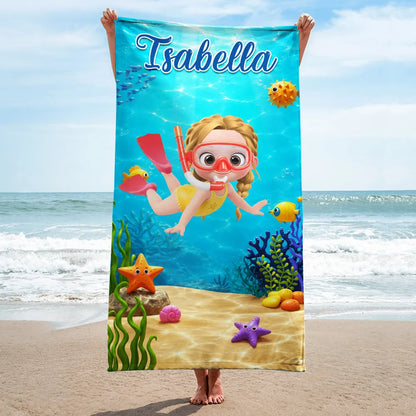Personalized Beach Towel, Playful Ocean Snorkeling Adventure, Creative Gift for Kids and Grandkids