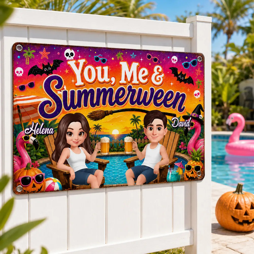 Personalized Rectangular Iron Sign, You, Me & Summerween Poolside Couple, Unique Gift for Couples
