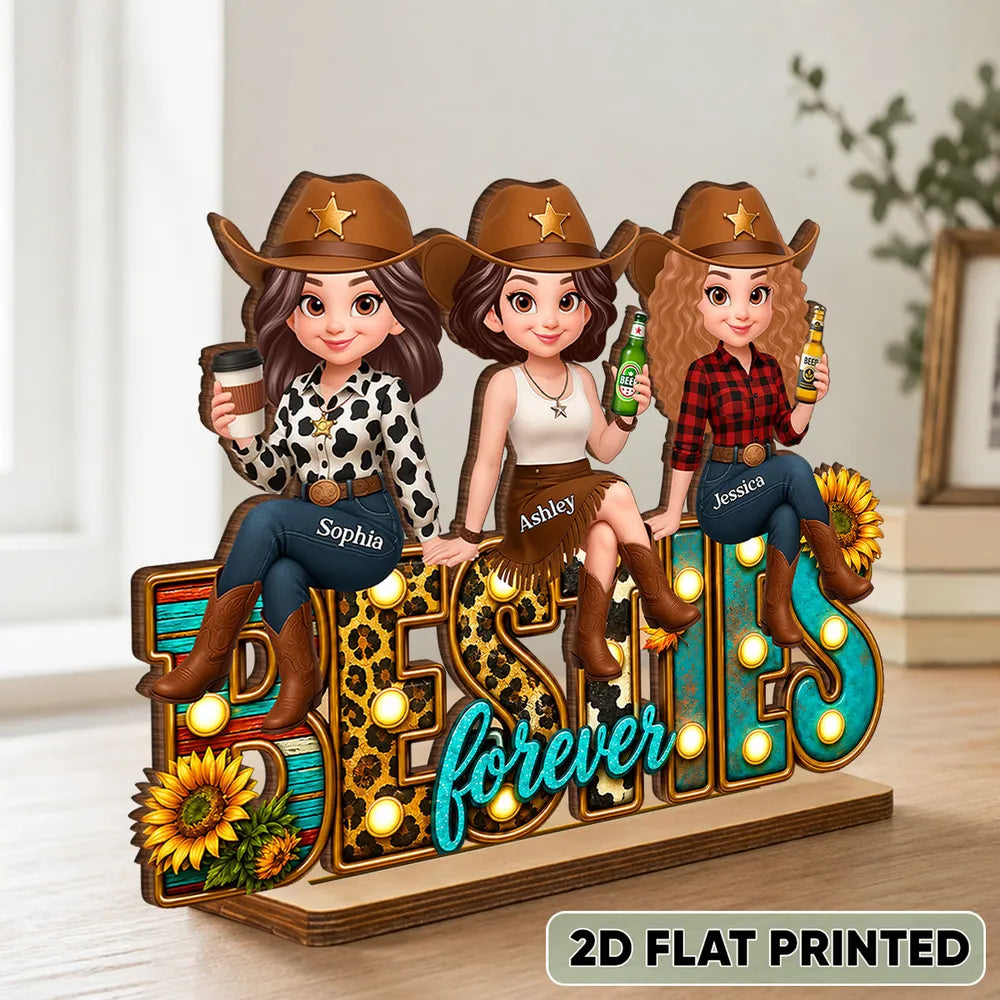 Personalized 2-Layer Wooden Plaque, Cowgirl Friends Holding Hands, Unique Gift for Close Friend