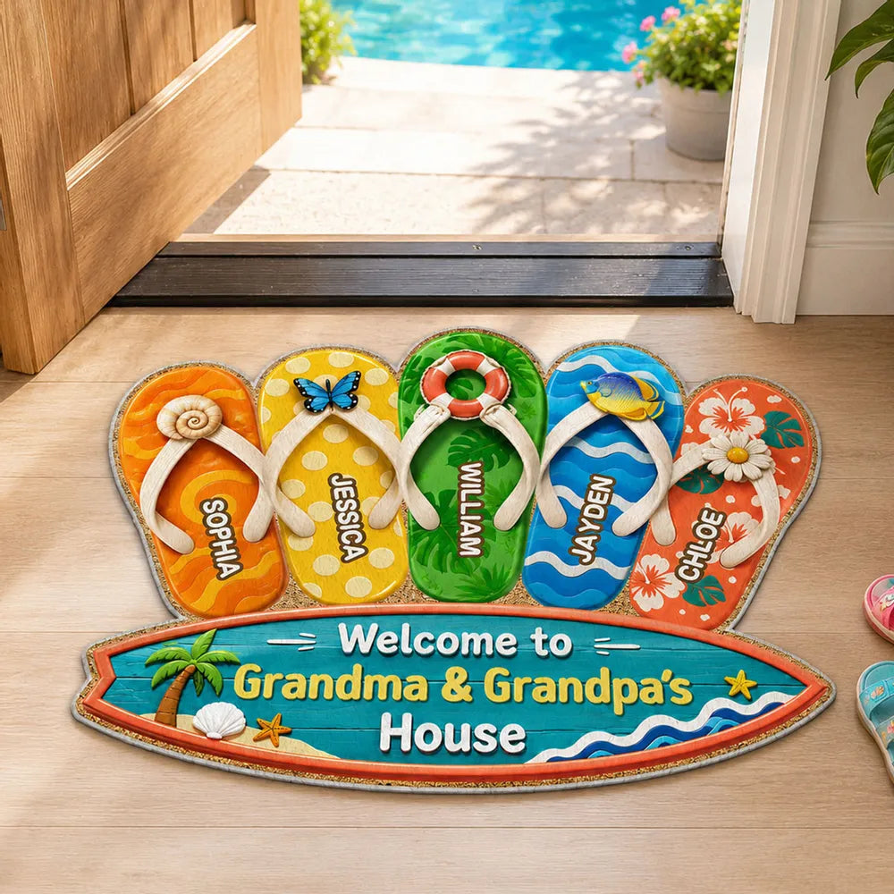 Personalized Shaped Doormat, Summer Flip Flop Welcome Unique Gift for Grandma & Grandpa's House
