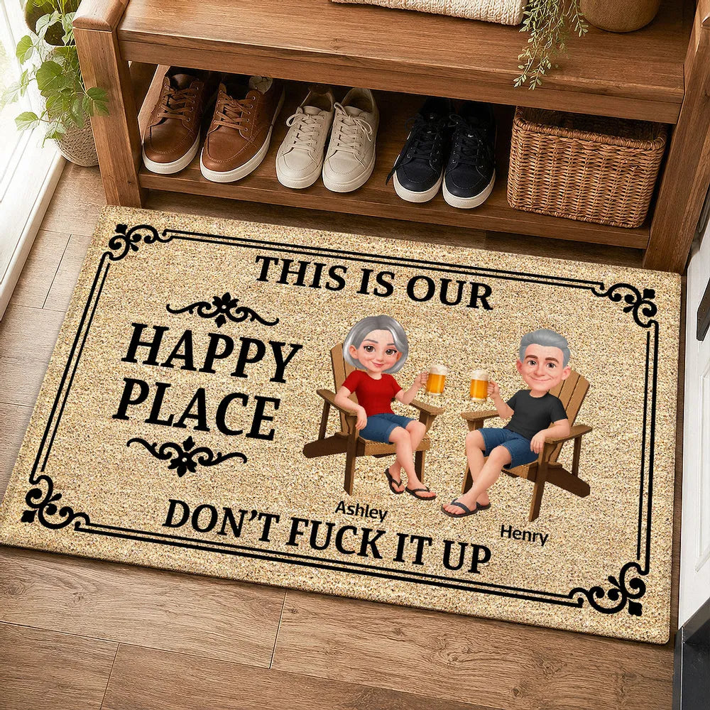 Happy Place Doormat, Personalized Couple Entryway Decor, Unique Creative Gift For Home