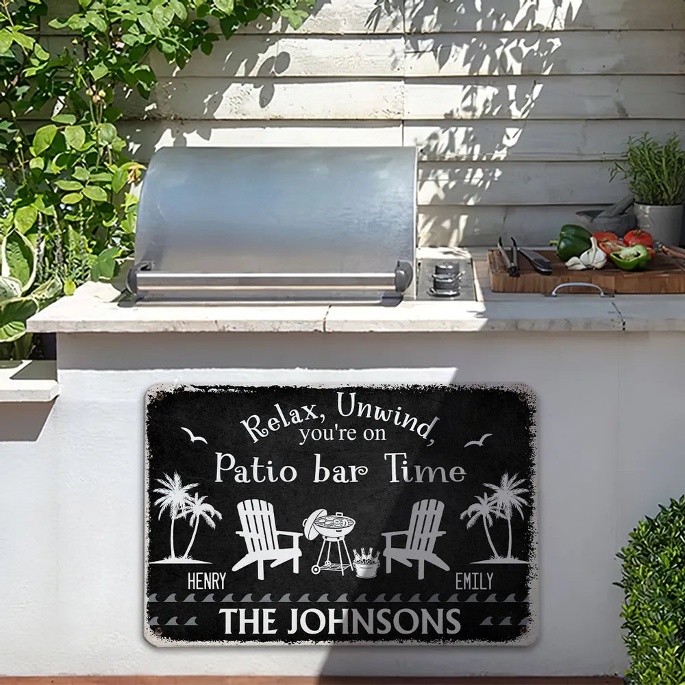 Personalized Rectangular Iron Sign for Patio Time, Navy Backyard Decor, Unique Gift for Family