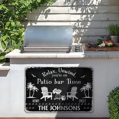 Personalized Rectangular Iron Sign for Patio Time, Navy Backyard Decor, Unique Gift for Family